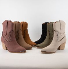 "The style Pandora is a western-inspired bootie with a metal-tipped toe and studs detailing the upper boot. Color: Stone Shaft Height: 6.5\" Heel Height: 3\"" Western Booties, Color Stone, May 17, Boot Shoes Women, Bootie, Womens Boots, Heel Height, Shoe Boots, Angeles