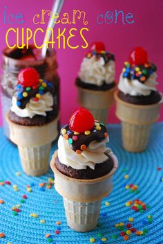 ice cream cupcakes with chocolate frosting and sprinkles on top