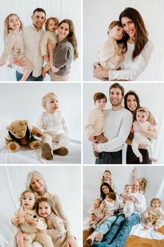 the family is posing for pictures with their babys and toddlers in different poses