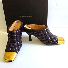 Bottega Veneta Quilted Leather Metallic Toe High Heel Mules Size 39 Features: Soft Leather Upper And Lining, Leather Sole, Square Toeline, Quilte, High Heel, Heel Height Approx 3.75" Made In Italy New In Box! Never Worn! Purple Square Toe Heels For Formal Occasions, Elegant Purple Square Toe Heels, Purple Leather Square Toe Heels, Luxury Purple Pointed Toe Heels, Purple Square Toe Leather Heels, Luxury Purple Closed Toe Heels, Chic Purple Leather Heels, Designer Purple Leather Heels, Bottega Veneta Sandals