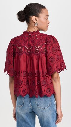 Red Blouse With Geometric Embroidery, Fitted Red Embroidered Top For Spring, Red Cotton Top With Intricate Embroidery, Eyelet Embroidery, Pleated Bodice, Scalloped Edges, Scalloped Edge, Short Sleeve Top, Mock Neck