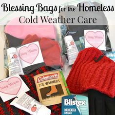 the contents of a cold weather care bag with text overlay that reads, blessing bags for the homeless cold weather care