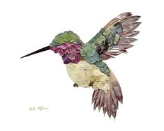 a painting of a hummingbird flying with its wings spread out and flowers on it's back