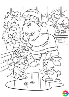 an image of santa claus and his elves in the garden coloring page with flowers, potted