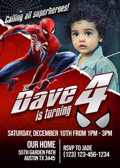 a spiderman birthday party flyer with a child's face on the front and back