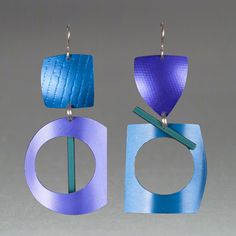 Aluminum Earrings - Inspired by various Alphabets and their diacritical marks. Subtly asymmetrical and full of interesting, roller-printed texture, these lightweight anodized aluminum drop earrings are articulated to move with the wearer. Diacritical Marks, Printed Texture, Aluminum Earrings, Alphabet A, Polymer Crafts, Purple Turquoise, Artful Home, Handmade Wire Jewelry, Handmade Wire