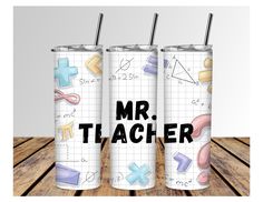 two personalized stainless steel tumblers with the words mr and mrs teacher on them