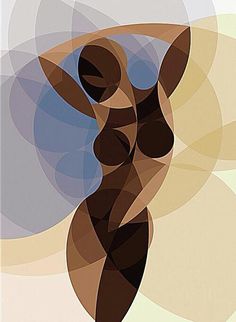 an abstract painting of a woman's body in brown and tan colors with circles around her