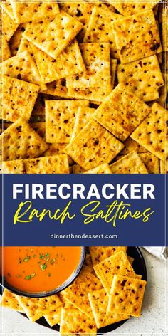 firecrackerr ranch saltine crackers on a platter with dipping sauce