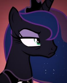 a black pony with green eyes and purple hair is standing in front of a pink background