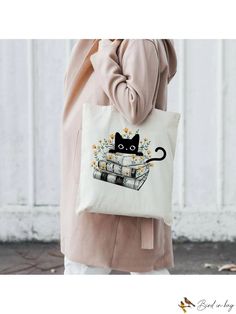 BirdinBag - BeeGreen Cat Canvas Tote Bag: Stylish, Durable, and Versatile for Any Occasion Word Wrap, Canvas Tote Bag, Canvas Tote, Color White, Bag Lady, Eco Friendly, Tote Bag, Shoulder Bag, Canvas