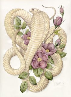 a drawing of a snake with flowers on it