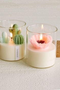 two candles are sitting next to each other on a white surface with cacti in them