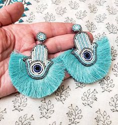 Hamsa beaded earrings, Hand of Fatima earrings, Hamsa hand jewelry, fringe earrings, evil eye jewelry, amulet jewelry, protection jewelry Amulet Jewelry, Hamsa Hand Jewelry, Hand Earrings, Protection Jewelry