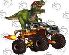 a cartoon dinosaur riding on top of a monster truck with flames coming out of it