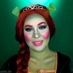 Debra Jenn dressed in Princess Fiona costume with green ogre makeup Princess Fiona Costume, Shrek Swamp, Fiona Green, Shrek Movie, Fun Makeup Ideas, Wonder Woman Makeup