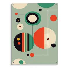 an art print with circles and stripes on the side, in shades of green, red,