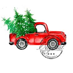 an old red truck with a christmas tree in the back is on top of a stamp