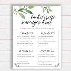 a printable wedding seating chart with greenery leaves on it, which reads what's on your purse?