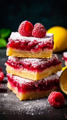 raspberry lemon bars stacked on top of each other