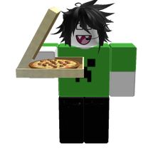 a man holding a pizza in his hand and wearing a green shirt with black hair