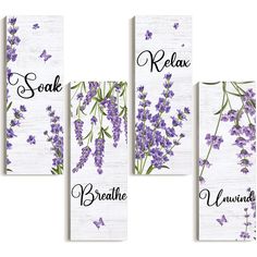 PRICES MAY VARY. Package Include: you will receive a total of 4 pieces of beautifully designed lavender bathroom decors, which can fulfill your decoration needs for the bathroom, and you can also hang them in different places you want Reliable Material: the rustic purple bathroom decors are made of quality wood with metal hooks on the back, sturdy, strong but light, resistant to wear and rust, which are serviceable for you to use; The trustworthy workmanship ensures that there is no burr or odor Lavender Bathroom Ideas, Gray And Purple Bathroom, Bathroom Flower Decor, Lavender Bathroom Decor, Hanging Lavender, Lavender Bathroom, Bathroom Flowers, Purple Bathroom Decor, Purple Bathroom