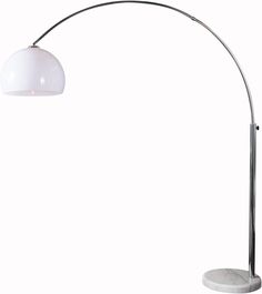 a white floor lamp with a marble base and an oval glass shade on the top