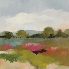 an abstract painting of pink flowers in a field