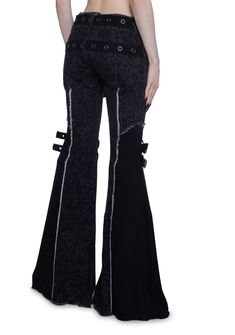 These pants have a stretchy twill construction with a printed filigree design, raw edge detailing, a raw hem and waistband, flare legs, a dual belt design on the legs with buckle closures, grommet detailing, front and back pockets, an adjustable crisscross waist belt closure, and a front button and zipper closure. Pants Character Design, Faux Fur Shrug, Fur Shrug, Belt Design, Filigree Design, Flared Pants, Gothic Fashion, Dolls Kill, Raw Edge