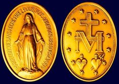 two gold medals with the image of mary and jesus on one side, and an image of st benedict on the other