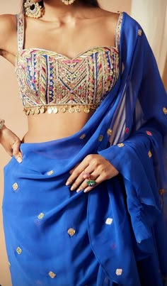 Sleevless Saree Blouse Designs Latest, Blouse Ideas Sleeveless, Blue Ruffle Saree, Blouse Designs Sleeveless, Strappy Blouse, Gota Embroidery, Blouse Designs Catalogue, Mirror Embroidery, Backless Blouse Designs