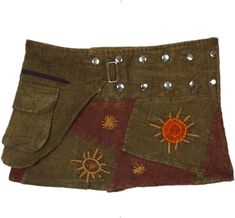 A handmade 12 inches short mini skirt in an earthy patchwork of green and brown with helio embroidery. The snap button wrap has a fanny pack on the waist - useful for carrying small items - from keys and cash to credit card. #tlb #WrapAroundSkirt #Pocket #Patchwork #hippieskirt Short Mini Skirt, Hippie Skirt, Hippie Skirts, Wrap Shorts, Hippie Look, Trendy Skirts, Wrap Mini Skirt, Button Skirt, Wrap Around Skirt