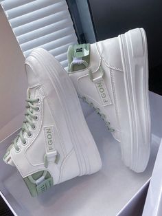 2024 New Korean Style Casual Shoes For Women, Trendy Thick-Soled High-Top Sneakers For Female Students With Hoodie Pairing White and Green     Letter    Women Shoes, size features are:Bust: ,Length: ,Sleeve Length: Cute Shoes Cheap, Designer Women Shoes, K Pop Shoes, Korean Shoes Aesthetic, Cute Korean Shoes, Cute High Top Shoes, Cute Shoes Aesthetic, Sneakers Fashion Summer, Trendy White Shoes