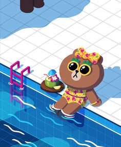 a teddy bear in a bathing suit standing next to a pool with a cake on it