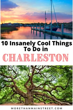 Two images- top is a sailboat in the waterfront at sunset and the bottom is the angel oak tree in Charleston South Carolina. Charleston Instagram Spots, Things To Do In Clemson Sc, What To Do In Charleston Sc, Charleston South Carolina Aesthetic, Charleston Itinerary, Nye 2025, Traveling Board, Charleston Historic District