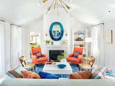 a living room filled with furniture and a fire place under a painting on the wall