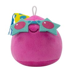 a pink stuffed animal with sunglasses on it's head and a blue bow tie around its neck