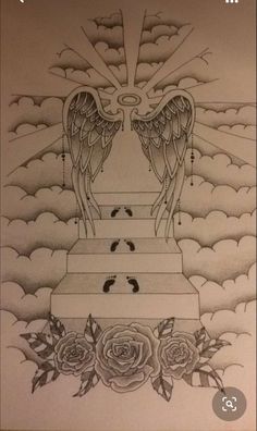 a drawing of two angel wings sitting on steps with roses in the foreground and clouds behind them