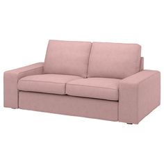 a pink couch sitting on top of a white floor