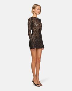 The Lombardi Dress – this delicate long sleeve mini dress is a spin off of an EB favorite, the Lombardi Top. This style is designed with a classic crew neckline, fitted silhouette, and the iconic glove sleeve detail, the perfect blend of cool and chic. Cut from premium stretch lace fabric, this ultra-comfortable style is sure to be your new favorite. This style fits true to size. More Details Fabric: 95% Nylon, 5% Elastane Made in the United States with imported materials. Model wears a size S. Stretch Lace Fabric, Comfortable Style, Fitted Silhouette, Long Sleeve Mini, Sierra Leone, Live In The Now, Stretch Lace, Sleeve Detail, Mesh Dress