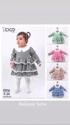 the baby's dress and sweater are all in different colors