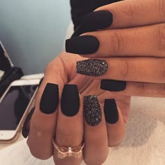 Edgy Matte Black Nails + Sparkly Accent Nail Matte Black Nails, Colorful Nails, Matte Nails Design, Black Nail, Prom Nails, Matte Nails