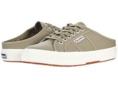 Superga 2402 Mule - Women's Lace up casual Shoes : Green Safari : Set out for a day of adventure with this Superga 2402 Mule. Textile upper in a slip-on mule silhouette. Lace-up closure. Canvas lining. Cushioned footbed provides sustained comfort for all-day wear. Natural rubber, crepe-textured outsole offers traction and durability. Imported. Measurements: Weight: 11 oz Product measurements were taken using size 36 (US Women's 6), width Medium. Please note that measurements may vary by size. We Casual Slip-on Sneakers With Textured Sole For Outdoor, Casual Slip-on Sneakers With Rubber Sole For Outdoor, Casual Beige Slip-on Sneakers With Removable Insole, Cushioned Slip-ons For Spring Outdoor Activities, Cushioned Slip-ons For Spring Outdoor, Spring Outdoor Slip-ons With Cushioned Footbed, Spring Outdoor Slip-on Sneakers With Rubber Sole, Casual Cushioned Slip-ons For Outdoor, Casual Slip-on Sneakers For Outdoor Activities