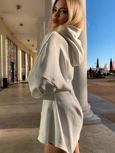 Dresses Length: Above Knee, Mini Pattern Type: Solid Fit Type: LOOSE Silhouette: A-LINE Neckline: Hooded Mini Dress Spring, Sweatshirt Dresses, Hoodie Mini Dress, White Bodycon Mini Dress, Sleeves Details, White Bodycon, Hooded Dress, Irregular Hem, Dress Spring