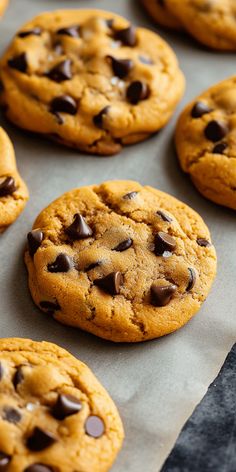 chocolate chip cookies are lined up on a baking sheet