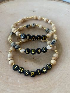 Teacher Bracelet, Sisters Jewelry, Teach Love Inspire, Wood Bead Bracelet, Sister Jewelry, Word Bracelet, Clay Bracelet