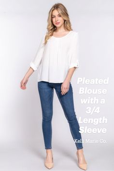 This top features pleats detailing with a classic round neck and 3/4 length roll-up sleeves with a button closure. Shop this top in mutilpe colors. Pleated Blouse, Roll Up Sleeves, A Button, Roll Up, Timeless Pieces, Length Sleeve