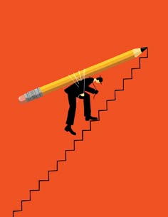 a man is climbing the stairs with a giant pencil in his hand, and he is going up