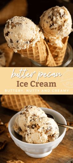 two scoops of butter pecan ice cream in a bowl