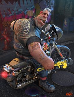 ArtStation - Perlman, Lee Davies David Mann Art, 3d Karakter, Ron Perlman, Мотоциклы Cafe Racers, Funny Caricatures, Biker Art, Celebrity Caricatures, Motorcycle Art, Biker Life